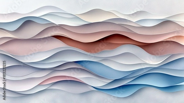 Obraz Layered paper art creates a serene abstract landscape with undulating waves in soft pastel hues of blue, pink, and beige.