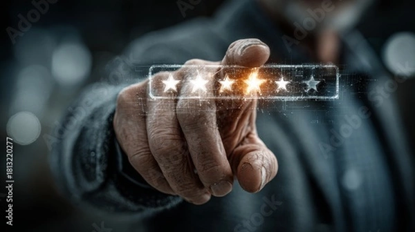Fototapeta Elevated customer experience concept with glowing five star rating display and hand selecting fourth star for excellent service and satisfaction now