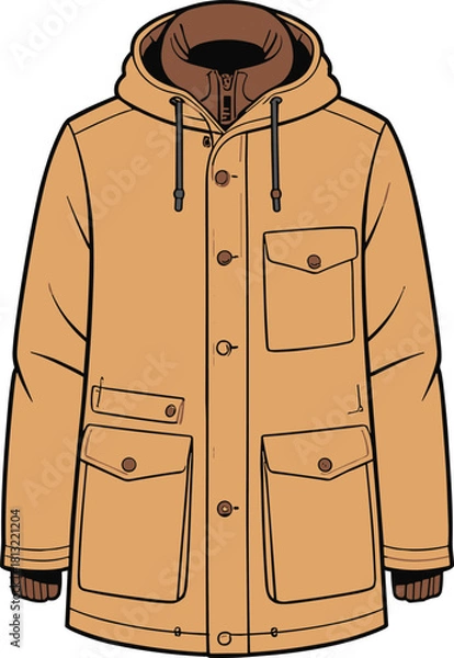 Fototapeta Men's Classic Tan Parka Coat Technical Fashion Illustration with Hood, Multiple Pockets, and Adjustable Drawstrings Isolated Outerwear Mockup