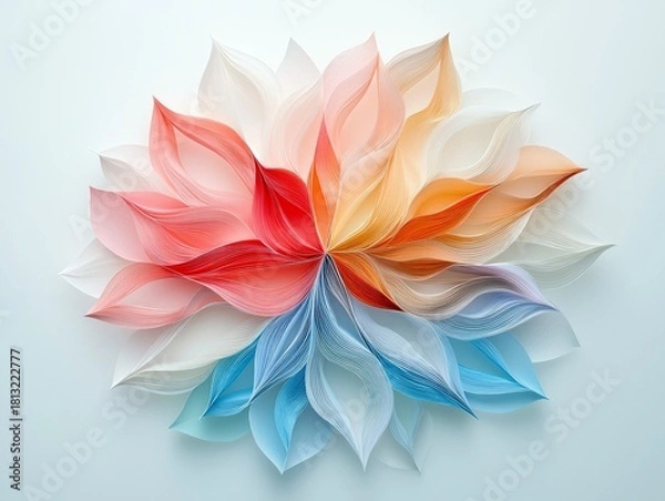 Obraz A delicate, abstract flower crafted from folded paper, displaying a gradient of colors from white and pink to orange and blue.