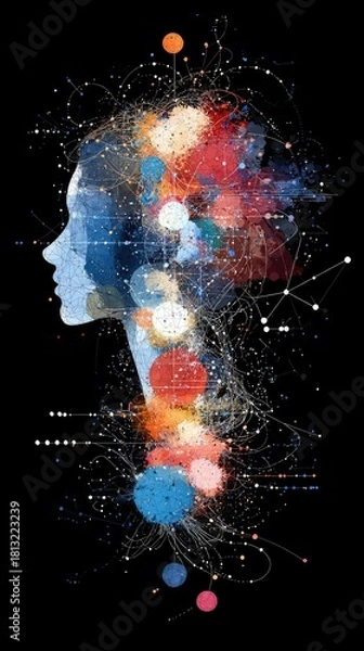 Fototapeta A profile silhouette of a woman's head is depicted, filled with vibrant, abstract splashes of color and a network of interconnected dots and lines.