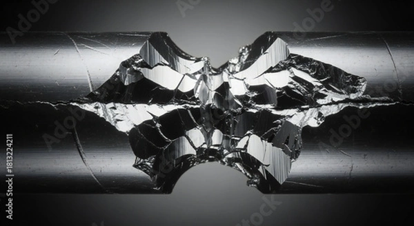 Fototapeta Striking monochromatic close-up of a metal bar broken in the middle with sharp, fractured edges