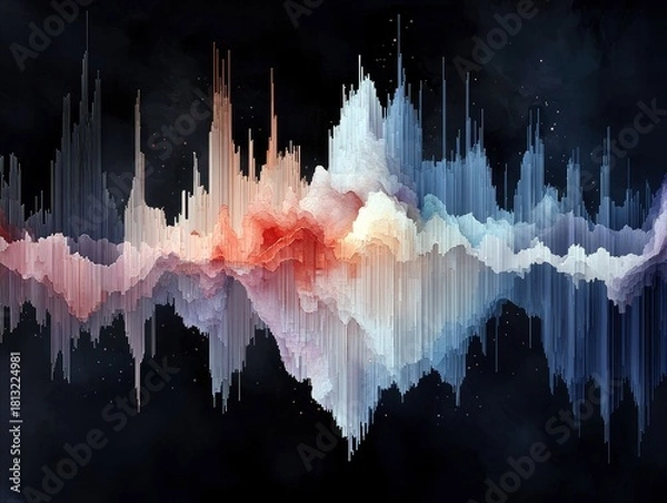 Obraz A colorful abstract visualization resembling a sound wave or data stream, with vertical lines and textured layers in shades of red, orange, pink, blue, and whit