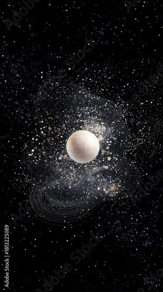 Obraz A light-colored sphere is centrally positioned, enveloped by a swirling cloud of golden and white dust particles and fine, dark threads against a black, star-sp