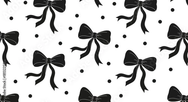 Fototapeta black bow pattern with polka dots on a white background creating an elegant seamless design for wrapping paper fabric or digital content.