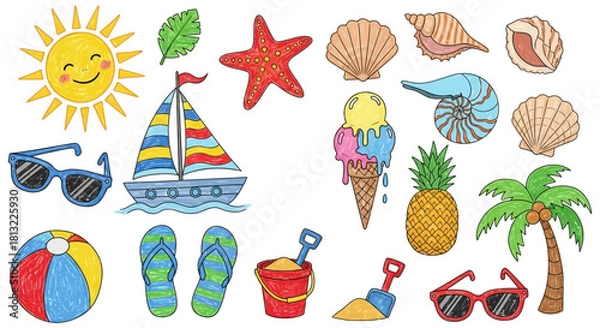 Fototapeta vibrant summer beach doodle illustrations of sun sailboat ice cream and shells hand-drawn in a cheerful style.