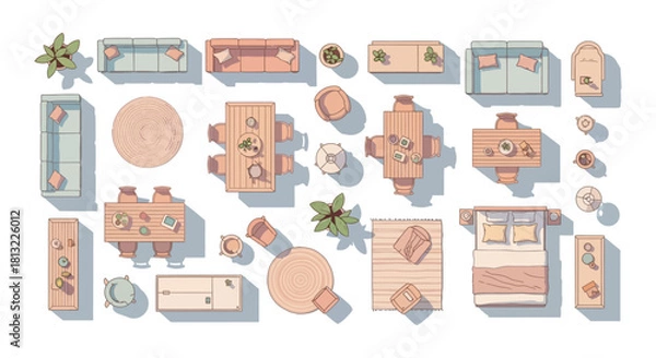 Fototapeta top view modern furniture and decor elements for interior design and architectural floor plans illustrating home layout concepts.