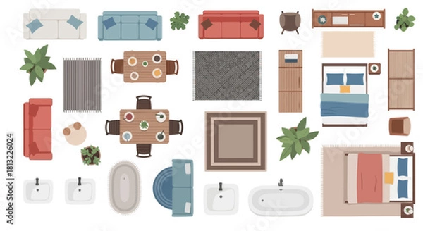 Fototapeta top view furniture collection for interior design planning featuring diverse modern household items ideal for architectural layout.