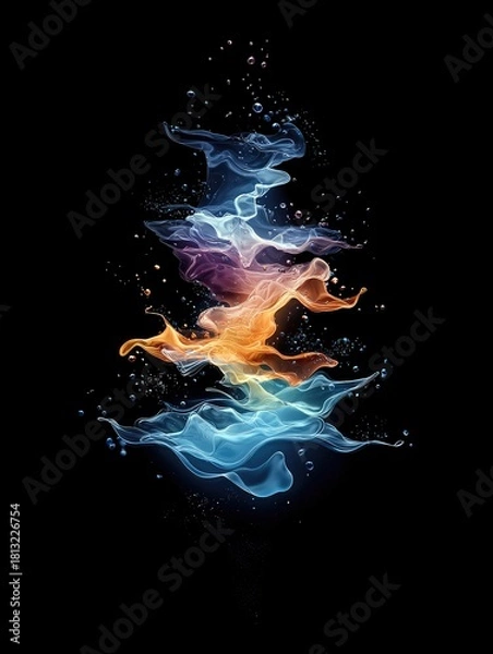 Obraz A dynamic composition of colorful smoke-like forms and water droplets against a dark background.