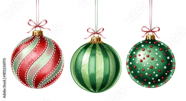 Obraz Three watercolor christmas tree ornaments hanging, one red and white striped, one green striped, and one green with red and white dots, isolated on transparent background