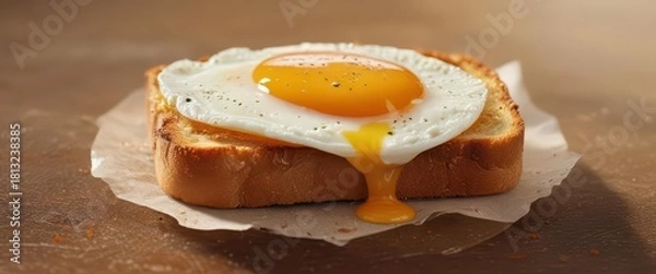 Fototapeta A perfectly cooked fried egg on top of a slice of crispy fried bread ,  fried bread,  plate