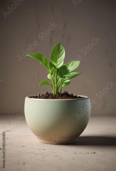 Fototapeta A delicate green sprout grows from the inside of a ceramic bowl used as a makeshift planter for a small plant ,  sprouting,  growth
