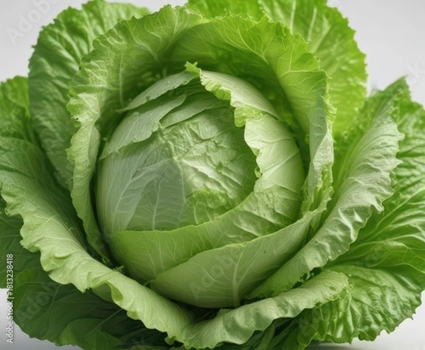 Fototapeta Close-up of a single head of iceberg lettuce with delicate leaves, set against a soft white background,  green,  salad