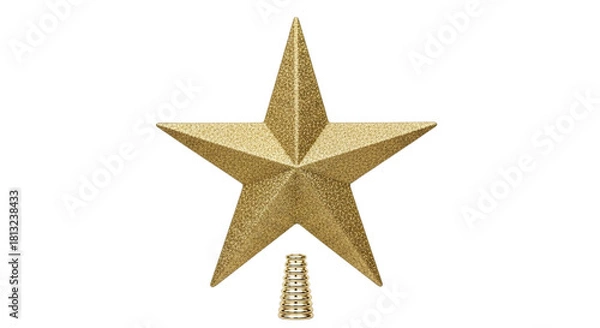 Obraz Glittery gold fivepointed star christmas tree topper with coiled base isolated on transparent background