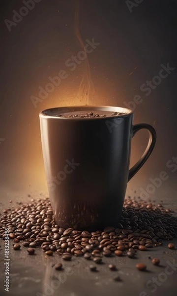 Fototapeta Dark liquid rises from a cup in a hazy atmosphere with scattered coffee beans ,  atmosphere,  texture