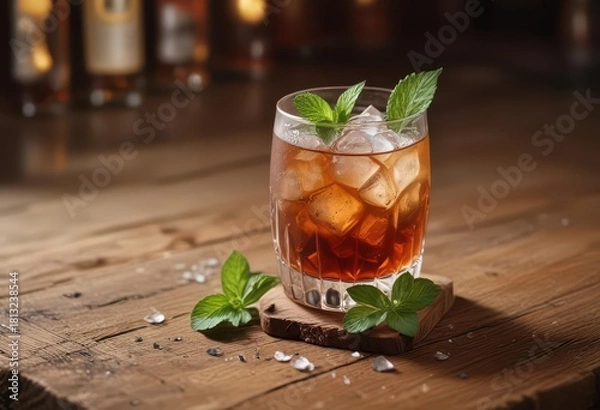 Fototapeta Cognac cocktail with crushed ice and a sprig of mint on a wooden bar,  wood,  crushed ice