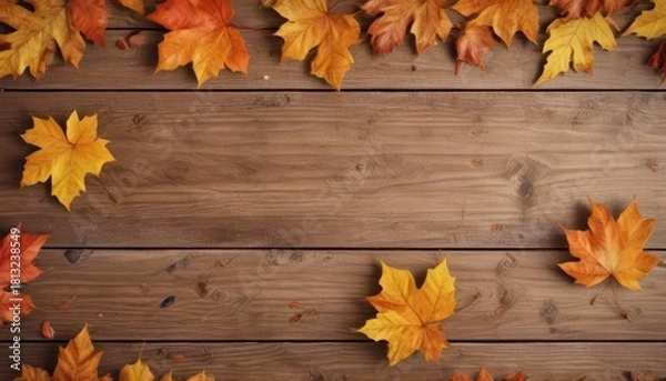 Fototapeta Delicate watercolor autumn leaves on a wooden background, autumn,  autumn colors