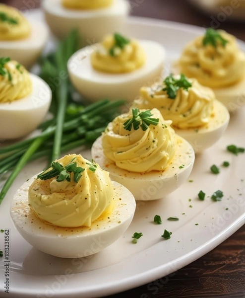 Fototapeta Deviled eggs garnished with fresh chives on a platter ,  finger food,  chives