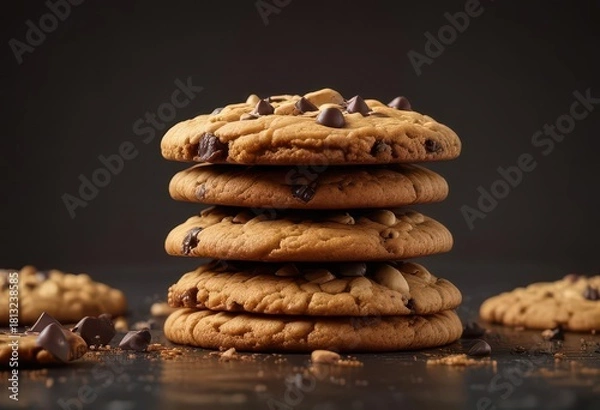 Fototapeta Delicious golden brown cookies stacked on dark background with melted chocolate chips ,  yum,  texture