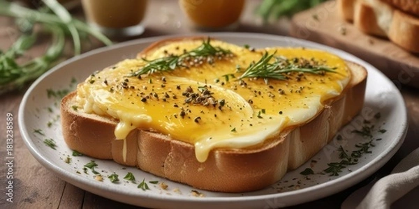 Fototapeta Egg toast on a plate with melted kaya butter, topped with toasted sesame seeds and fresh herbs  ,  butter,  herbs