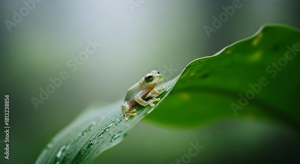 Obraz Tiny Frog Perched on a Lush Green Leaf in a Misty Forest.