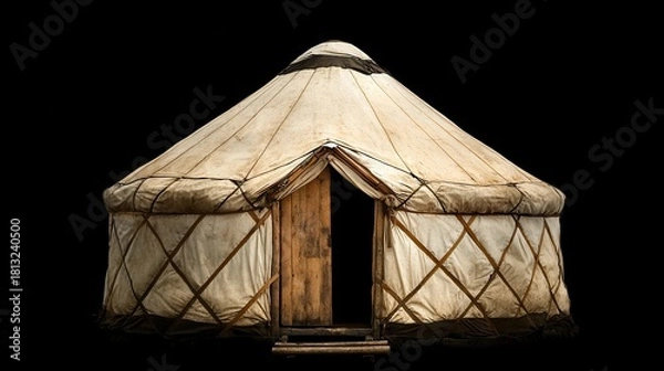 Fototapeta Traditional Yurt Structure with Rustic Wooden Door and Canvas Roof