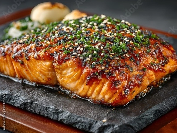 Fototapeta A perfectly cooked salmon fillet is seasoned with sesame seeds and herbs on a dark serving platter now.
