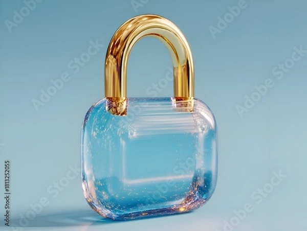 Fototapeta A stylized clear glass padlock with a golden handle reflects light on a simple blue background surface.
