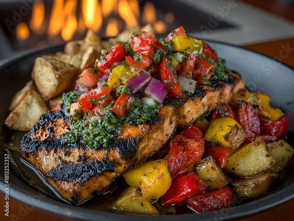 Fototapeta Grilled salmon fillet topped with fresh vegetable salsa served with roasted potatoes at a restaurant table.
