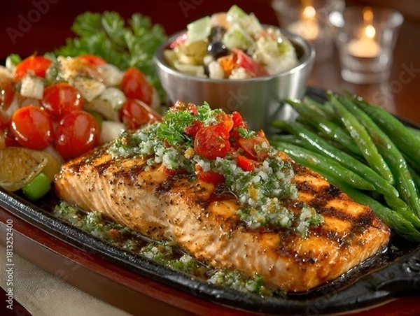 Fototapeta Delicious grilled salmon fillet is served with green beans and fresh vegetable salad on a rustic platter.