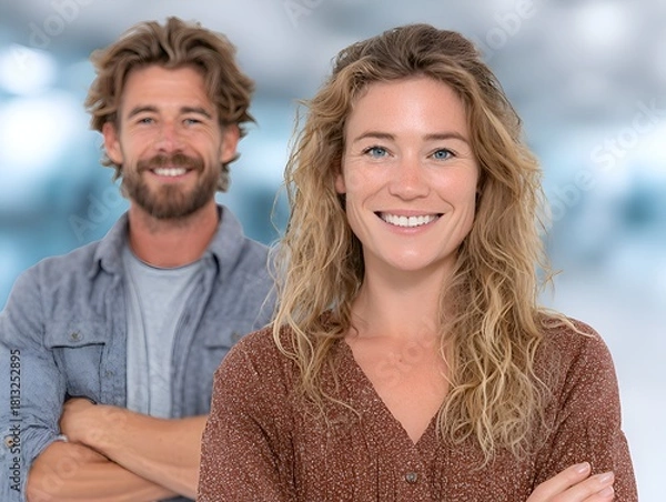 Fototapeta A smiling blond woman and a bearded man pose with arms crossed against a blurred office backdrop today.