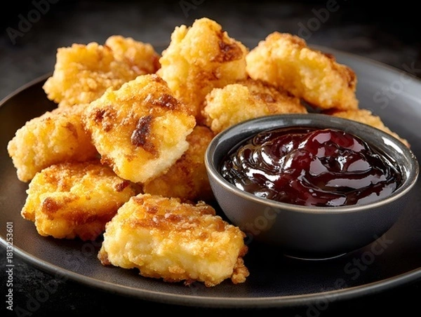 Fototapeta Appetizing fried halloumi cheese cubes served with sweet sauce on a dark plate for a tasty appetizer snack.