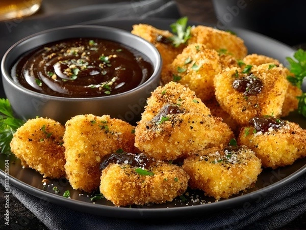 Fototapeta Delicious crispy fried tofu nuggets served with a savory dark dipping sauce and parsley garnish plate.