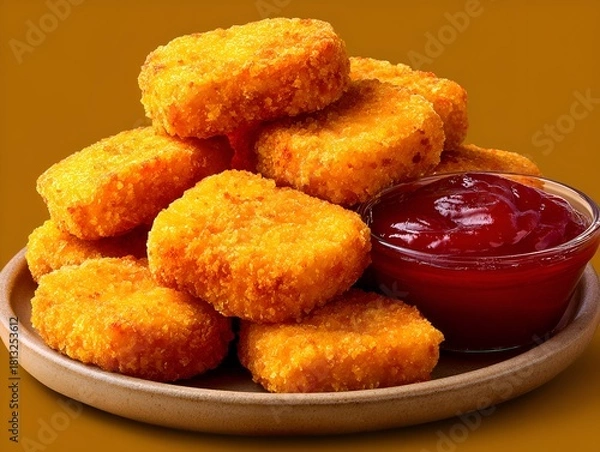 Fototapeta Golden crispy chicken nuggets are stacked on a plate with a side of delicious red tomato ketchup sauce.