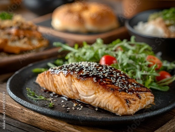 Fototapeta Seared salmon filet coated with sesame seeds is served alongside fresh greens on a rustic wooden surface.