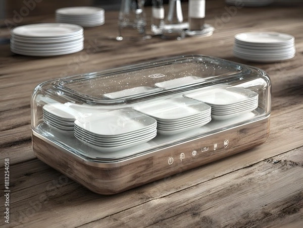 Fototapeta Modern plate sterilizer efficiently sanitizes stacked plates in a clear container on a wooden kitchen counter.