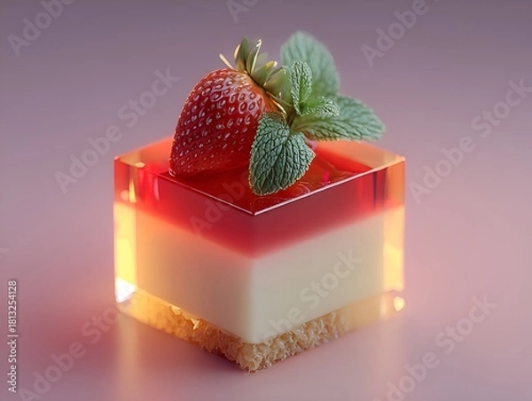 Fototapeta A delicious strawberry dessert layered with cream and gelatin rests on a crumbly base, garnished with mint.