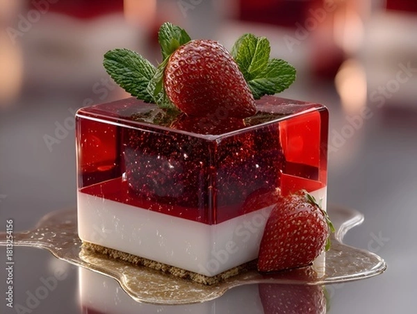 Fototapeta An elegantly plated dessert features a layered jelly cube with fresh strawberry and mint garnish on a dish.