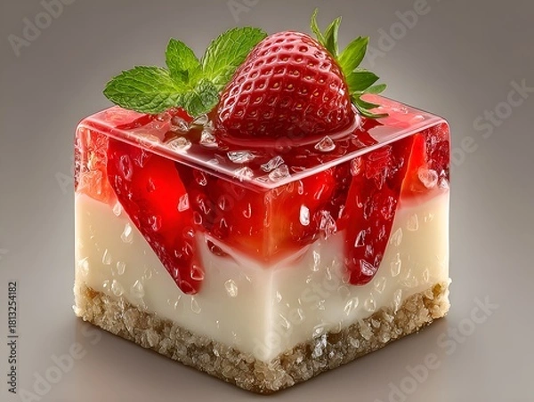 Fototapeta Delicious cube shaped strawberry dessert with creamy filling and mint garnish presented on a neutral backdrop.