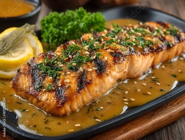 Fototapeta Grilled salmon fillet with sauce, herbs, and lemon served on a black plate ready for a tasty lunch.