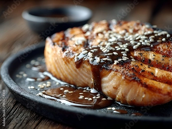 Fototapeta A delicious grilled salmon fillet is drizzled with dark teriyaki sauce and sprinkled with sesame seeds here.