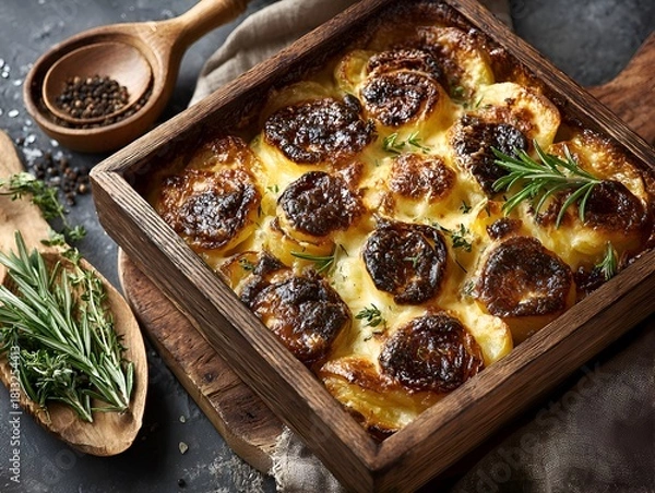 Fototapeta Delicious scalloped potatoes baked in a rustic wooden dish with rosemary sprigs on a textured backdrop.