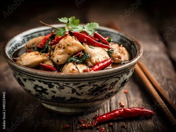 Fototapeta A bowl of spicy chicken stir fry with red chili peppers and fresh cilantro on a rustic wooden table top.