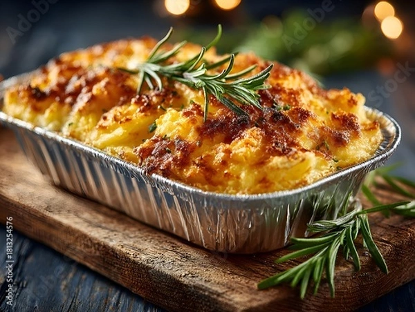 Fototapeta A golden brown shepherd's pie with rosemary garnish sits on a wooden board with festive bokeh lights behind.