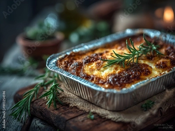 Fototapeta Baked lasagna in foil container served with rosemary on rustic wood surface in warm dark ambiance setting.