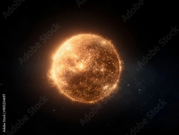 Fototapeta A radiant sun shines brightly in the dark expanse of space surrounded by distant stars and nebulous clouds.