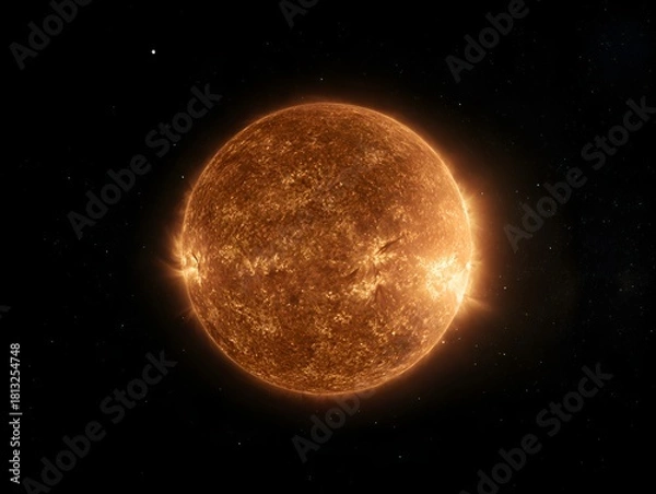Fototapeta A blazing celestial body vividly displays intricate details of its fiery surface in the vast darkness of space.