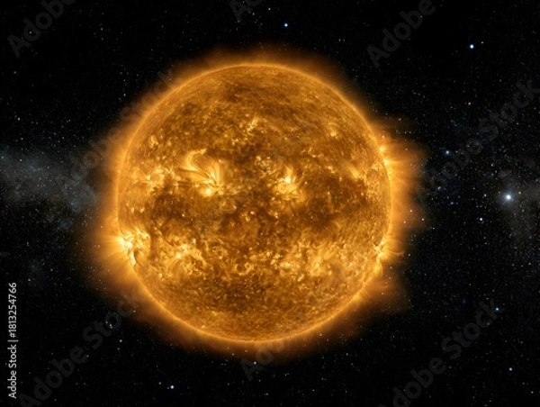 Fototapeta A radiant sun shines brilliantly against the dark expanse of space with countless stars as its backdrop.