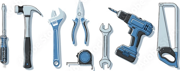 Fototapeta Vector Illustration Set of Essential Hand Tools, Including a Hammer, Drill, Wrenches, Screwdriver, Pliers, Tape Measure, and Hacksaw, for Construction and Repair.