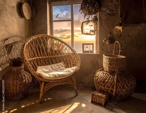 Fototapeta Cozy room with wicker chair and sunset view through window, rustic textured walls